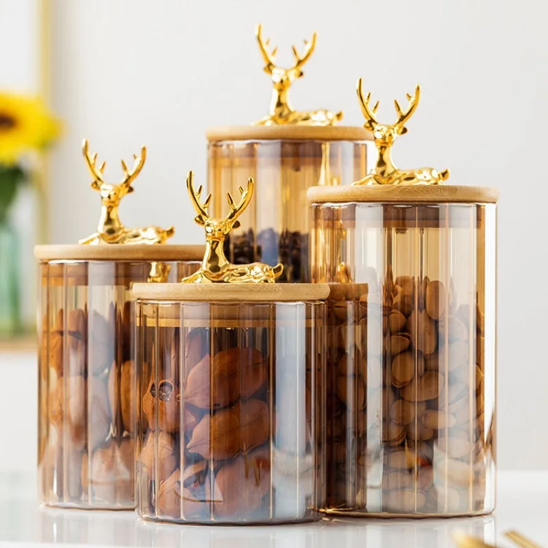 Deer Nordic food grad peel storage bottle with lid grain household  ribbed glass sealed storage christmas cookies jar