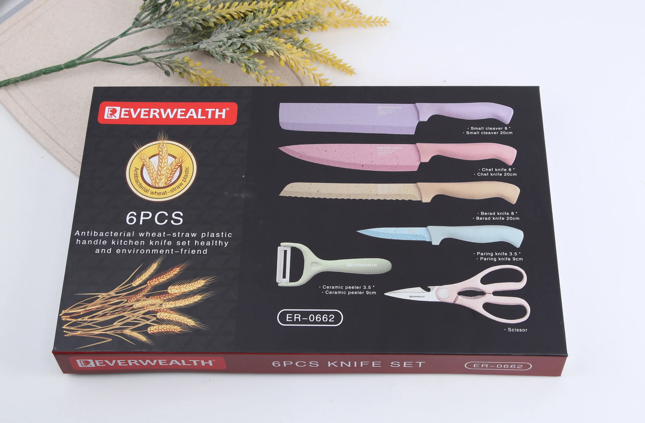 2021 new design wheat PP handle stainless steel non stick kitchen knife set in gift box packing