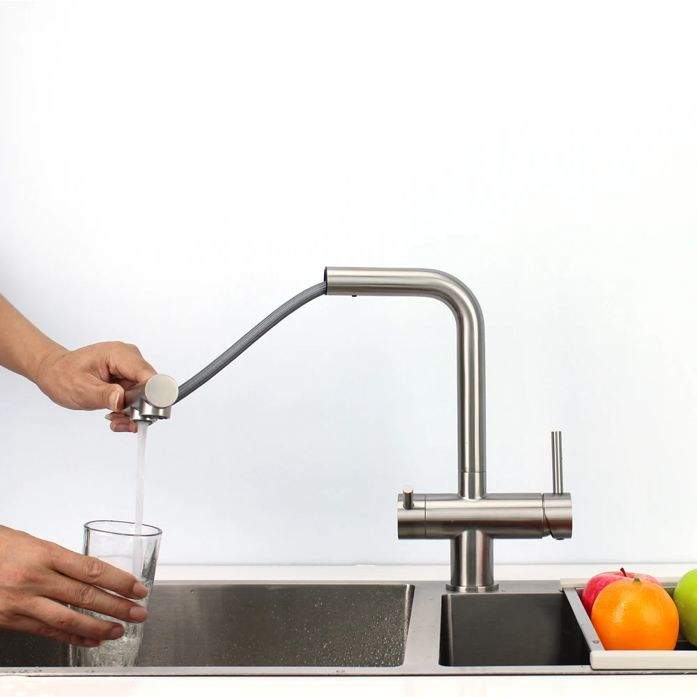 Lead Free Stainless Steel Pull Out 3 Way Kitchen  Filter Osmosis Taps Gray Metal 3 Wege Wasserhahnhousehold Ro System Faucet
