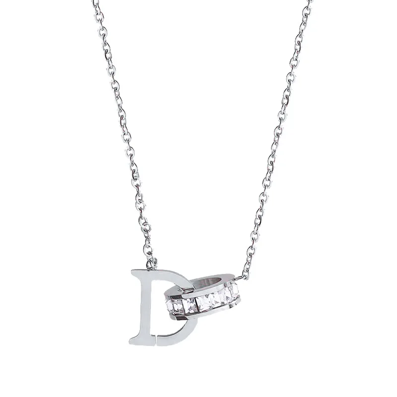 Best Sell Sliver Stainless Steel Initial Letter D and Inlaid Diamond Circle Interlocked Shape Pendant Women Necklaces