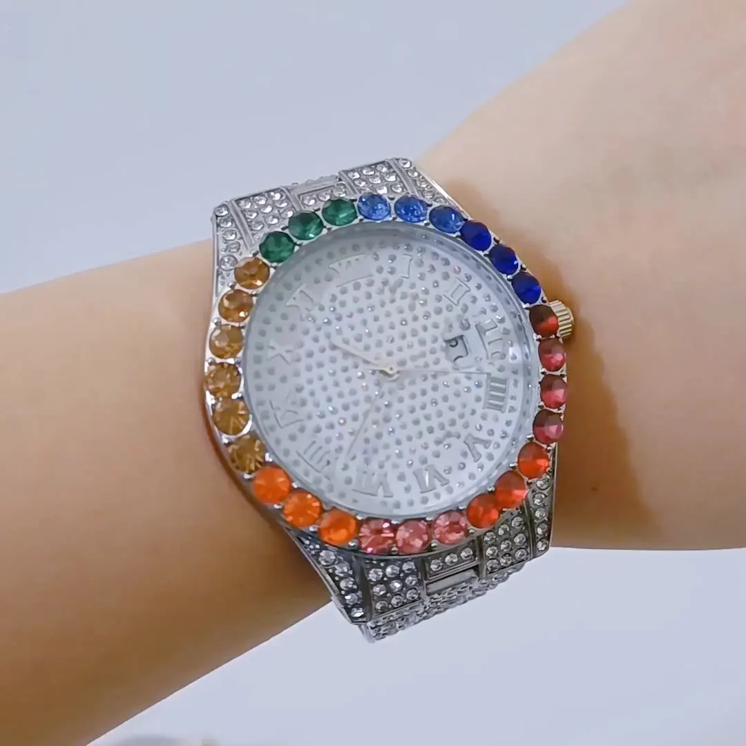 Gold Iced Out Men Watches Rainbow Diamond Quartz Luminous Watch Man Luxury Classic Unique Wristwatch