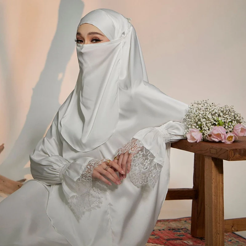 New Style white silk modest luxury abaya prayer women muslim dress with satin khimar and veil