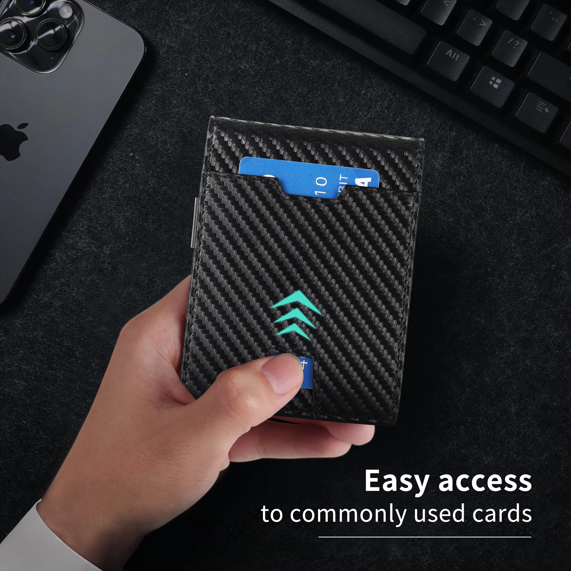 Minimalist Carbon Fiber Leather Wallet for Men Bifold with Metal Money Clip RFID Blocking Slim Design Box Closure Made From PU