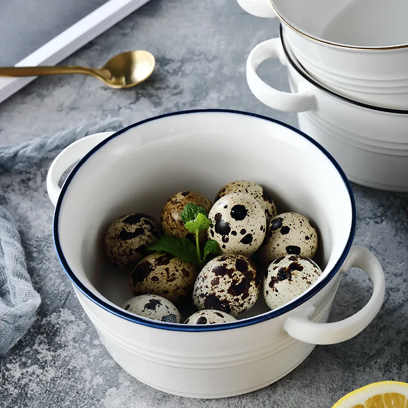 Nordic ceramic two-ear bowl simple black edge tableware household soup noodle bowl baking utensils wholesale custom