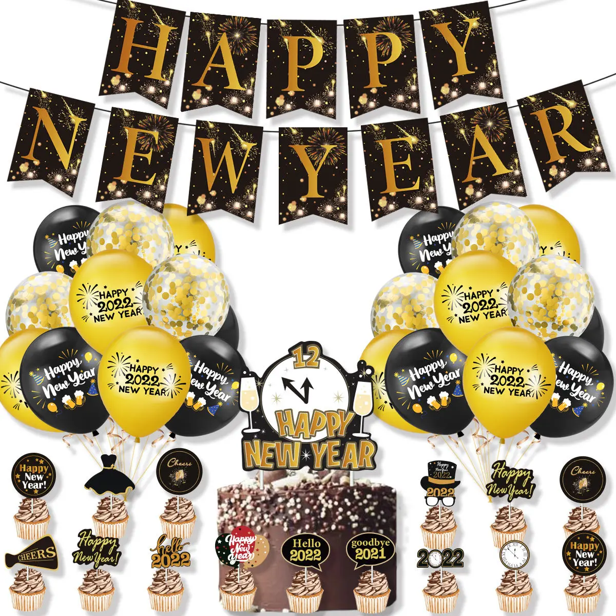 2022 Happy New Year Balloons  Gold Black Banner Photo Booth Frame Props Balloons  Garland New Year Party Supplies