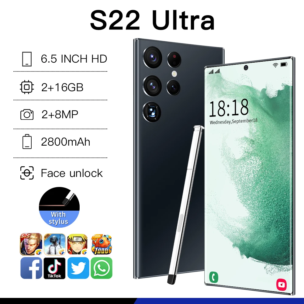 Smartphone S22 Ultra 3G 6.5 inch MTK6580P Full Screen 2GB+16GB Android Mobile Phones With Face ID Original Unlocked Cell Phone