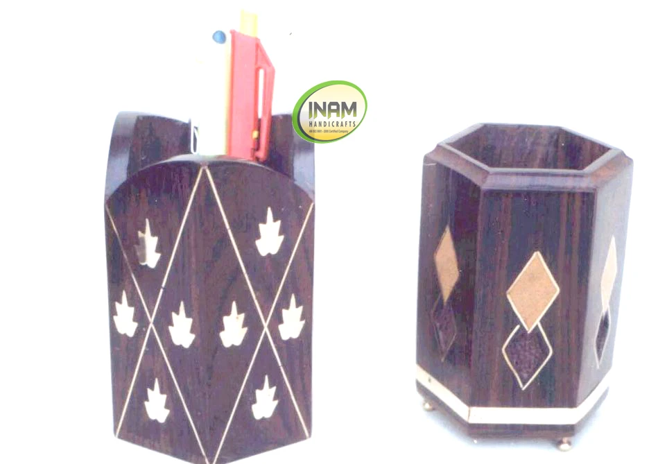 Beautiful and designer Wooden handmade Pen stand with brass inlay work