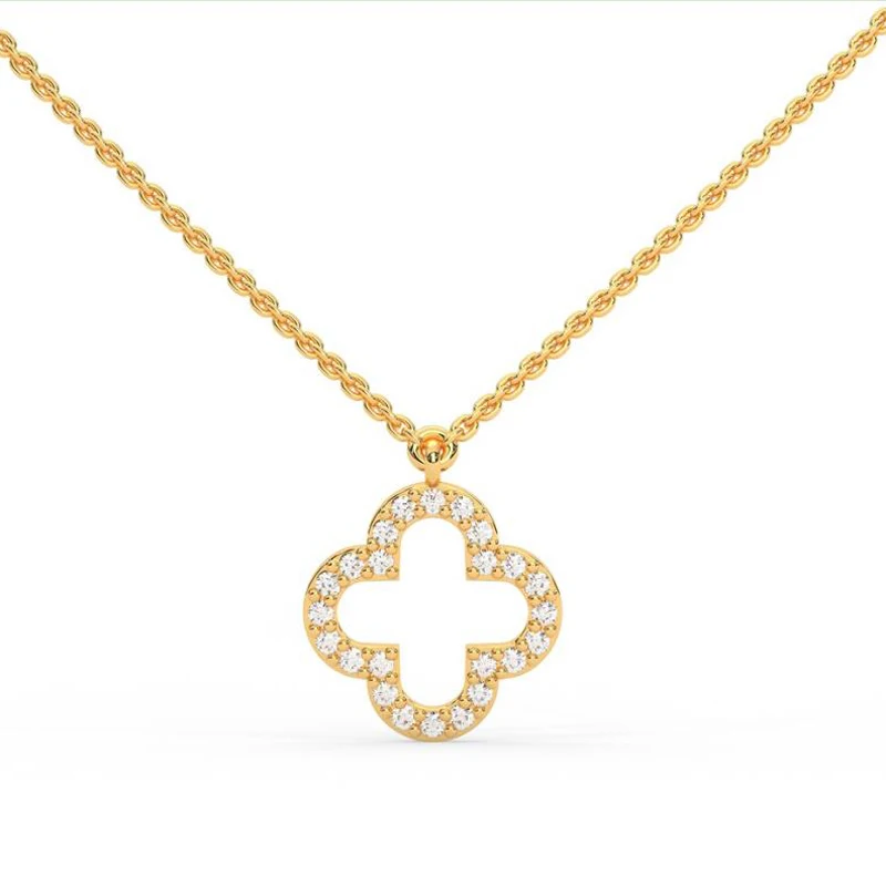 Natural diamond 14k soild four leaf clover necklace for women