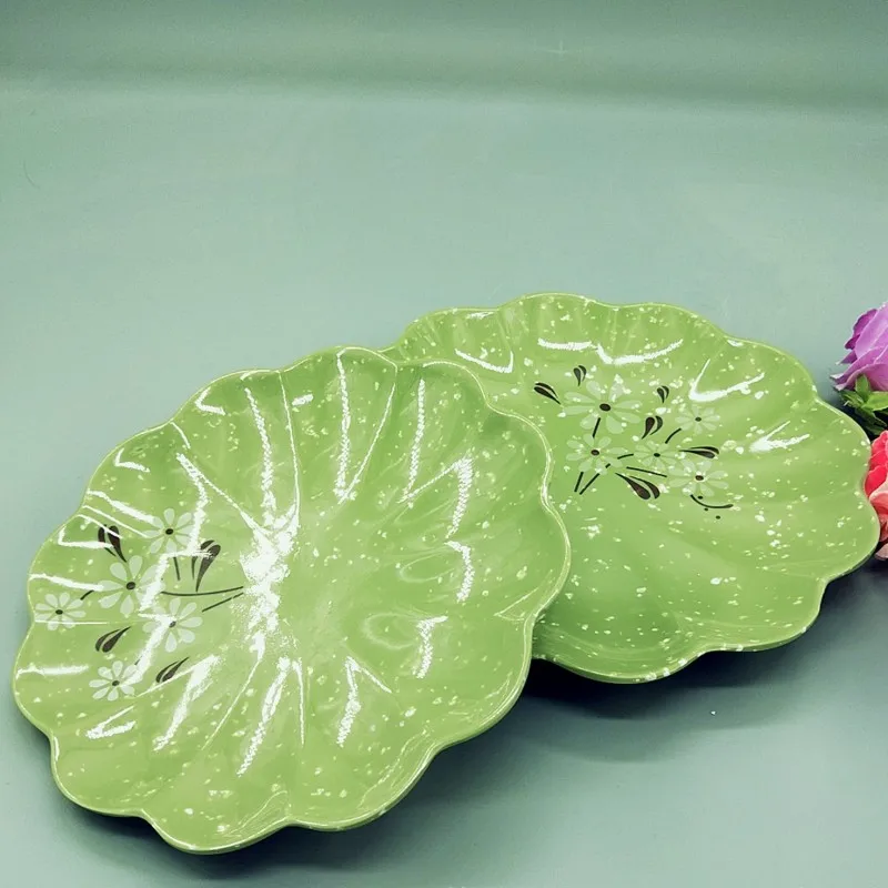 Custom Classic Design Round Plastic Plate Durable 9 Inch Green Flower Shape Reusable Melamine Plates
