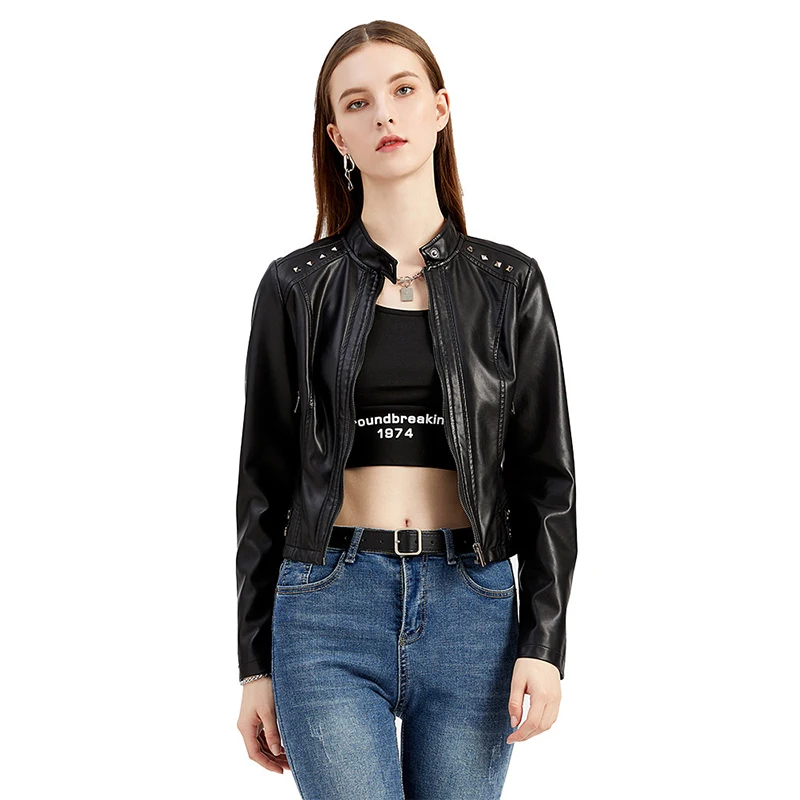 Vintage Ladies Rivet Streetwear Jacket Stylish Black Leather Jackets For Women 2021