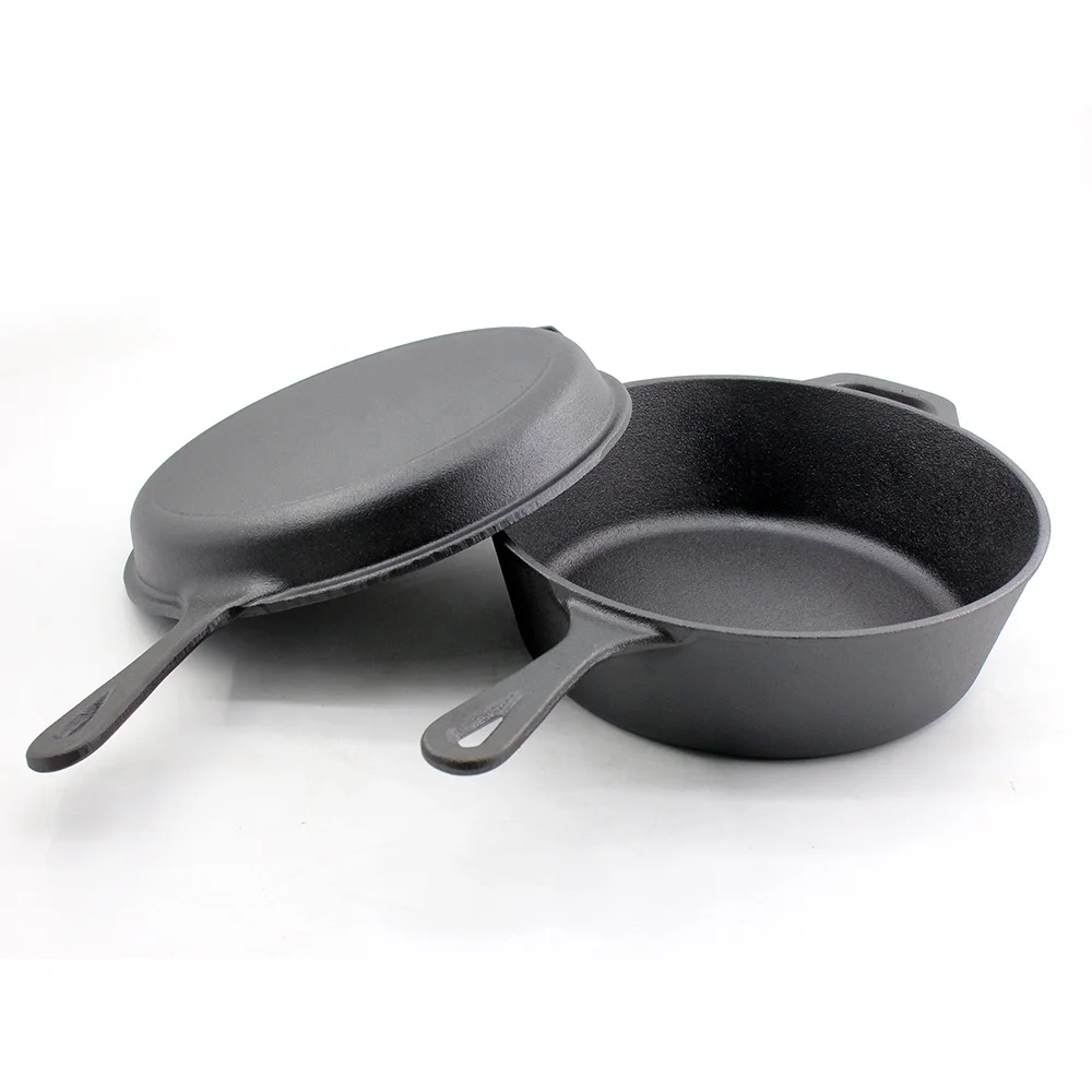 Non-stick Double Used Iron Casserole 2-in-1 Cast Iron Covered Black Dutch Oven