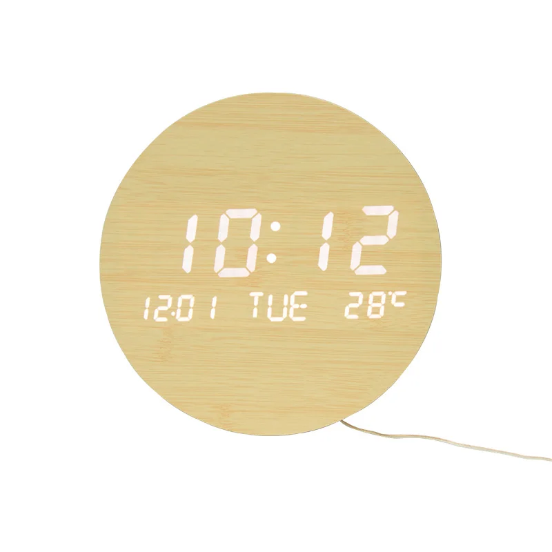 
2020 New arrival creative modern designed temperature calendar wireless big digital display log wooden wall clock for Livingroom 