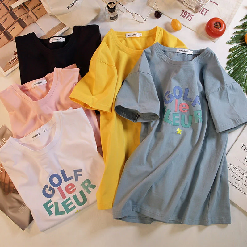 100% Cotton Short Sleeve T-Shirt women 2023 new summer Korean ins personalized print versatile loose white top