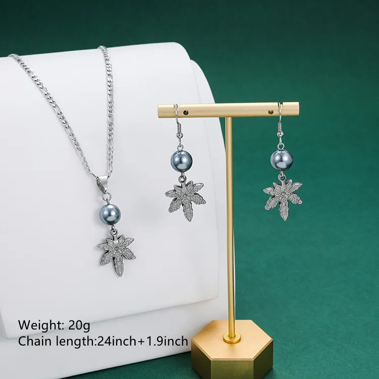 High-end fashion hip hop jewelry men cool stainless steel maple leaf pendant necklace earrings set wholesale