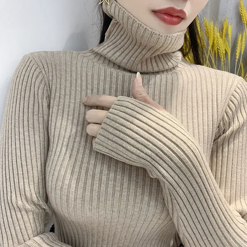Women Sweater Winter Slim Fit Pullover Warm Jumper Thumb Hole Korean Style Turtleneck Solid Color Knitted Sweater