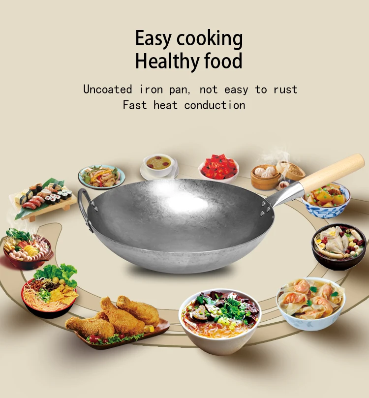 Traditional Chinese Hand made Carbon Steel Wok 2cm Health non-coating Gas Stoves pan wok