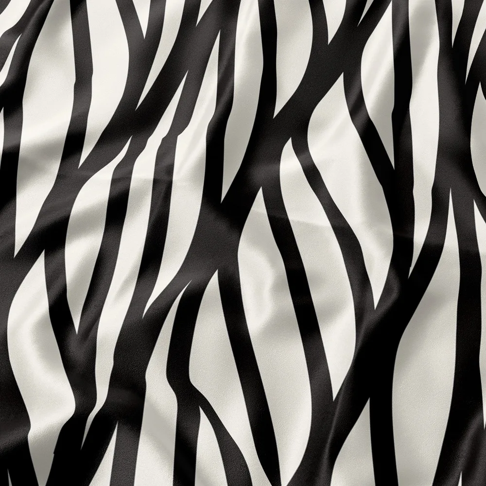 Premium black and white linear textured geometric print Heavyweight silk crepe satin garment dress fabric