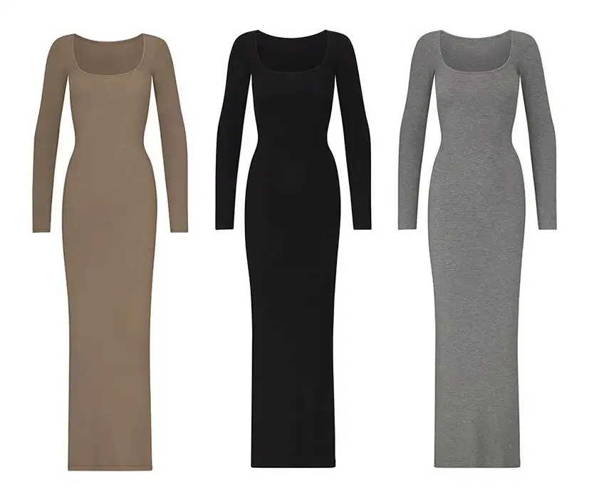 Custom Tight Maxi Ribbed Dresses Women Lady Sexy Long Sleeve Skinny Casual Lounge Shapewear Snatched Slim Knitted Bodycon Dress