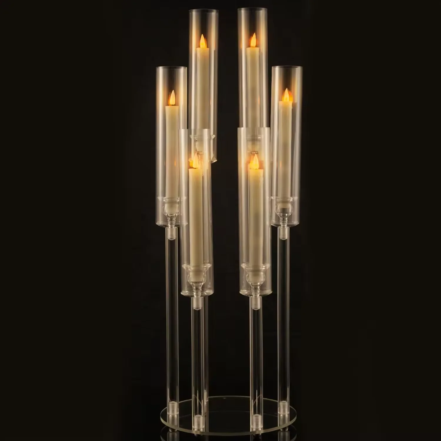 Clear 9 Arms Acrylic LED Candle Holder Candelabra Centerpiece Candle Holder Pillar Taper Candlesticks with Acrylic shade