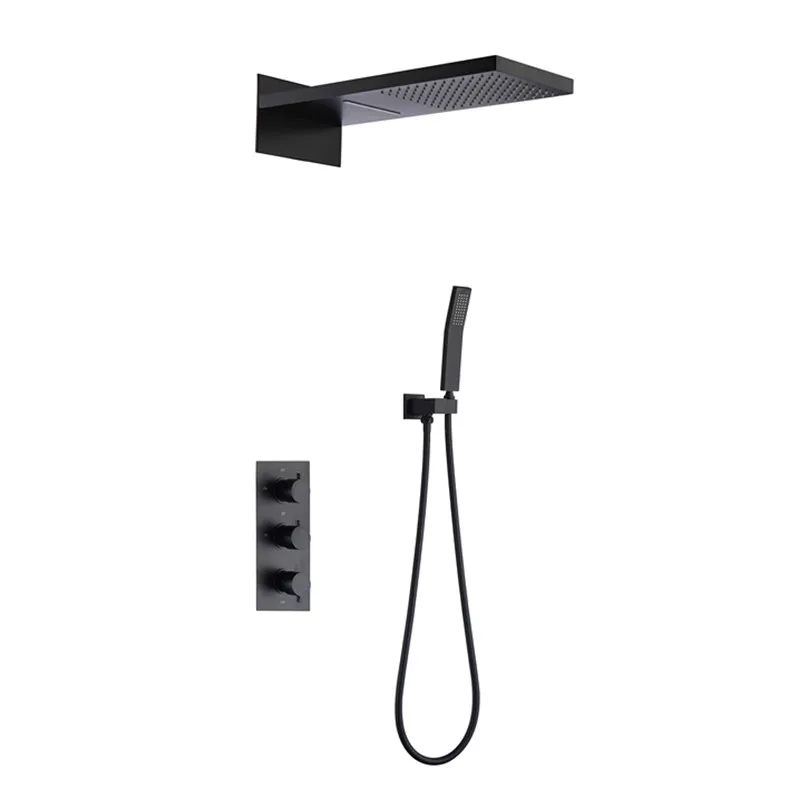 Villa Luxurious Thermostatic Shower Diverter Rainfall Shower Faucet Set with Ceiling Waterfall Shower Head Brass Modern Black