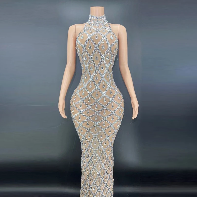 Diamond Crystal Long Halter Slit Dress Show Vestidos De Fiesta Largos Elegantes Fashion Stage Dance Party Sparkly Club