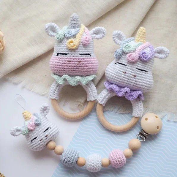 Baby Stuffed Toy Crochet Hand Knit Unicorn Rattle Wooden Teether Ring Rattle