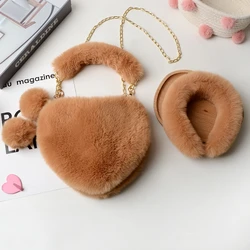Aotemao 2021 New Fashion Fur Heart Purse with Headband Set Designer Lady Cute Heart Shaped Purse Handbags