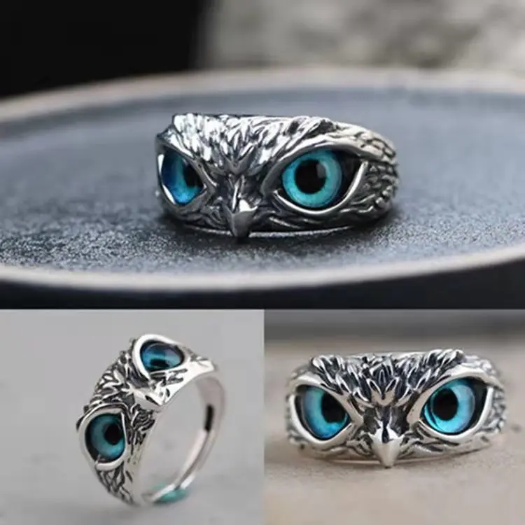 Vintage Gothic Animal Open Adjustable Owl Eye Punk Ring Couple Blue Eyes Owl Ring