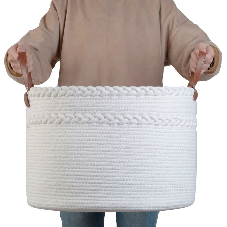 White Braid Durable  Cotton Rope Storage Basket with Dividers Leather Handle