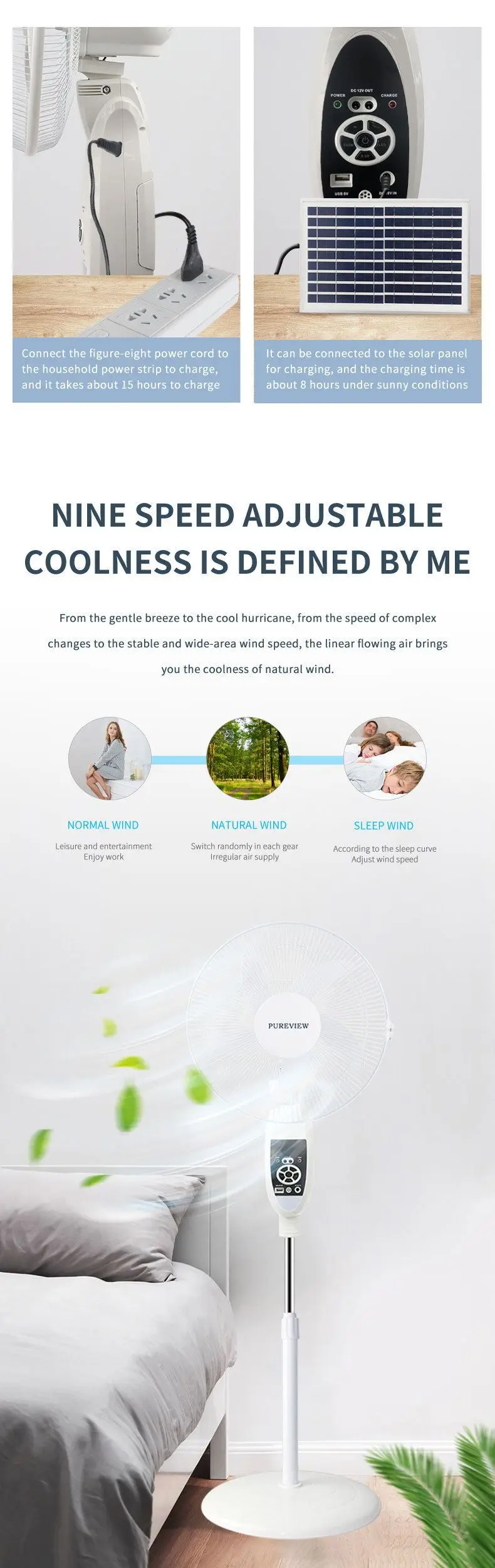 Removable Portable Ac 5V DC 9V Rechargeable 16 inch Solar fan large capacity charging floor fan