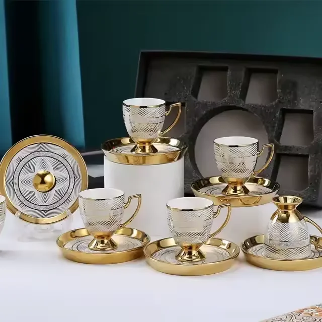 Chinese Custom Luxury Golden 6 Pcs Set Gift Box Porcelain Tea Saucers Turkish Coffee Ceramic Cup Set With handle