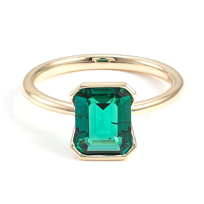 Clutch Setting Gemstone Ring 14k Yellow Solid Gold Ladies Lab Grown Zambian Emerald Wedding Band Bezel Set Ring Jewelry