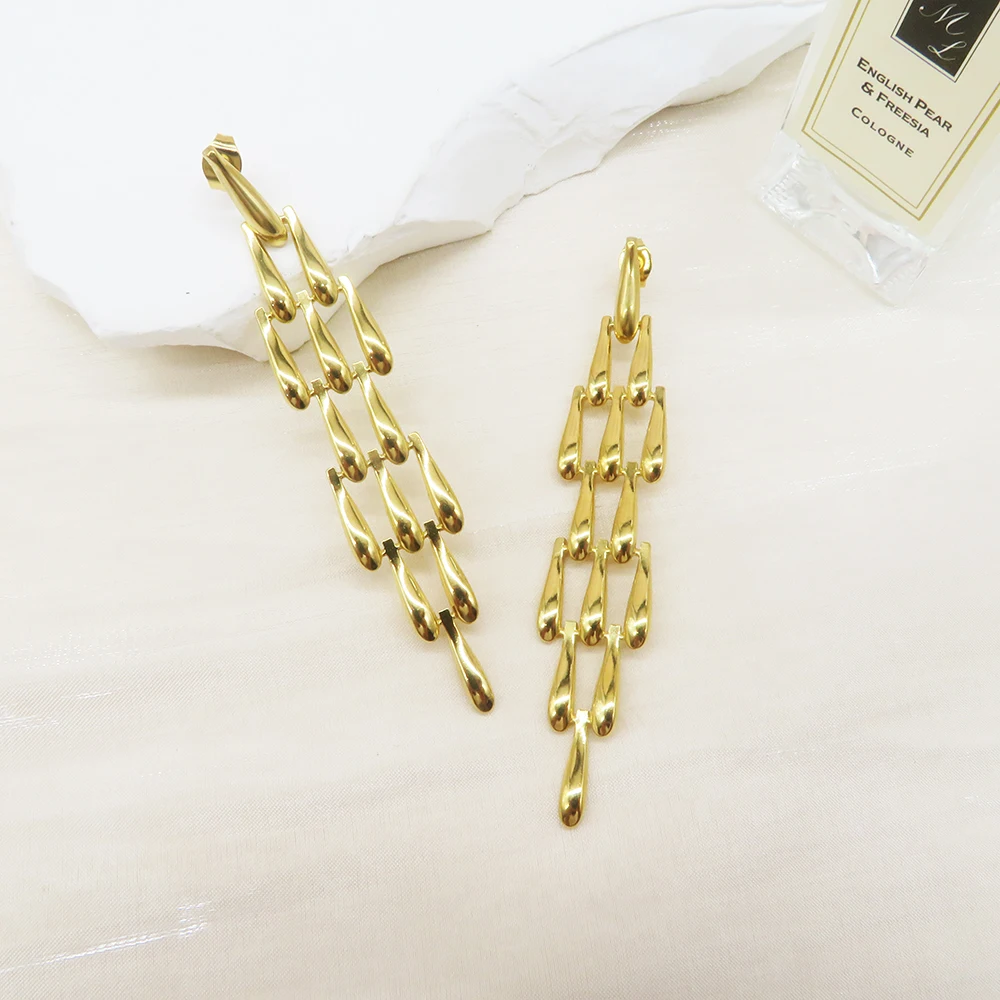 Hot Stainless Steel Waterdrop Dangle Earrings Chandelier Shape 18k Gold Plated Long Drop Stud Earrings