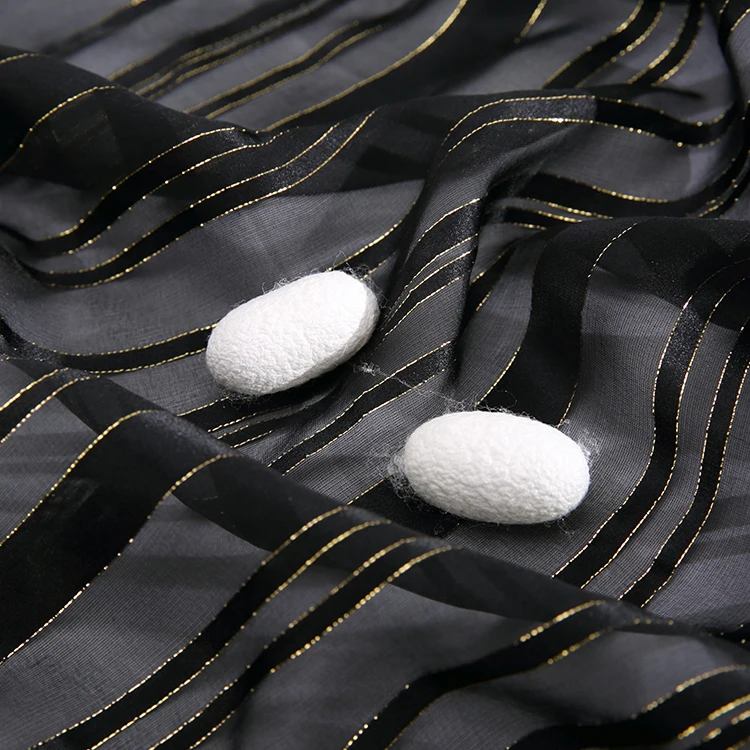 Black gold thread  97% SILK 3% METALLIC satin silk jacquard metallic fabric