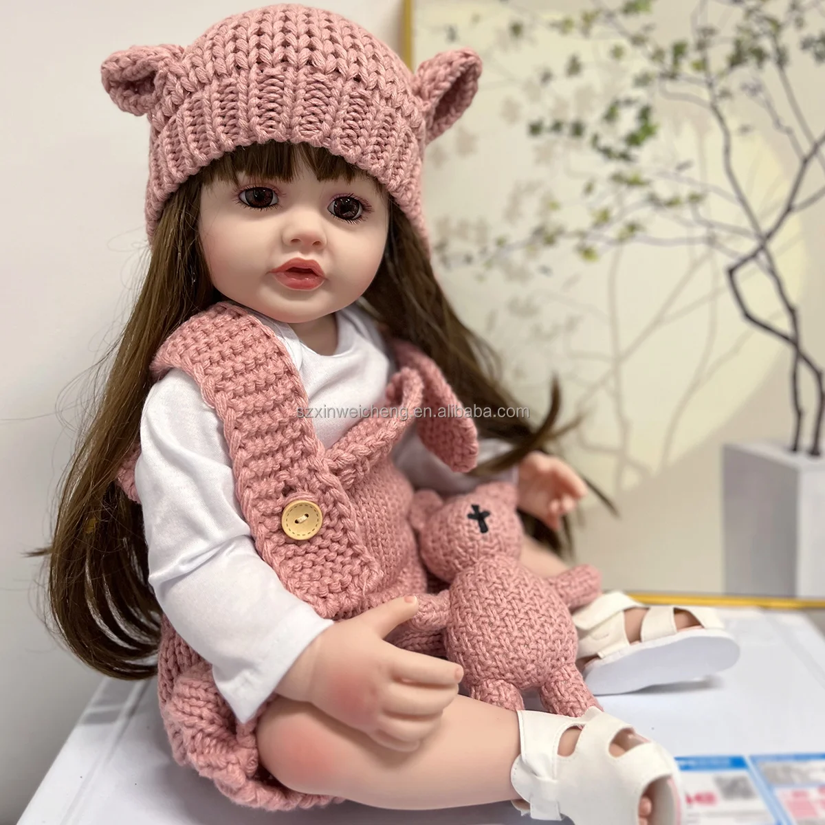 Cheap Realistic Full Silicone Body 55 CM 22 Inch Brown Long Hair Lifelike Reborn Baby Girl Doll Toy Princess Toddler Bebe