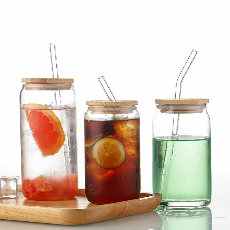 Online Hot 16oz Can Shaped Glass Cups Beer Iced Coffee Drinking Glasses with Bamboo Lids Straw