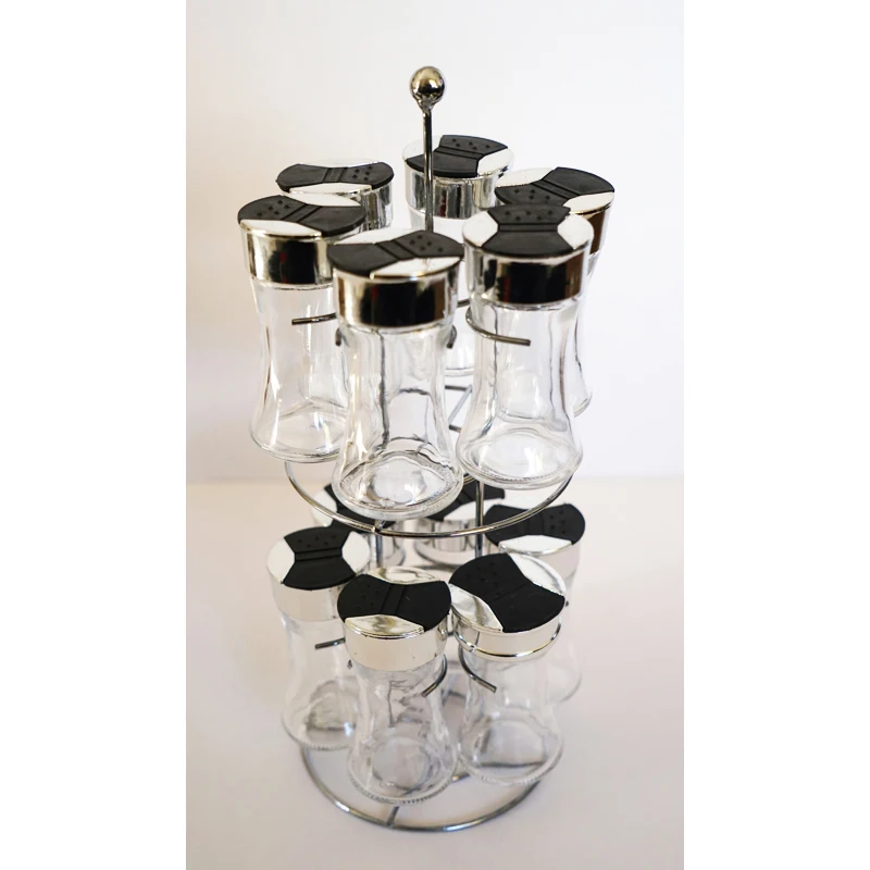 
Stainless Steel Condiment Set With 2 Oil / Vinegar Bottle Cruets, 3 Shaker Spice Jars, 5 Glass Canister Jars & Chrome Rack 