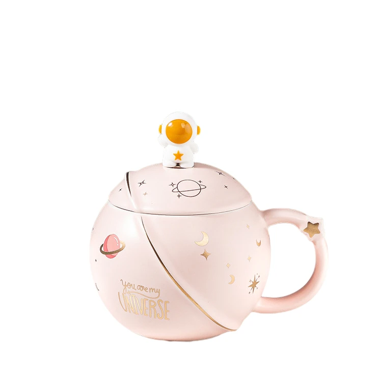 Creative Design Ceramic planet cup mug with lid and spoon Lovely bone china tea cup coffee mug for kid gift Multiple color