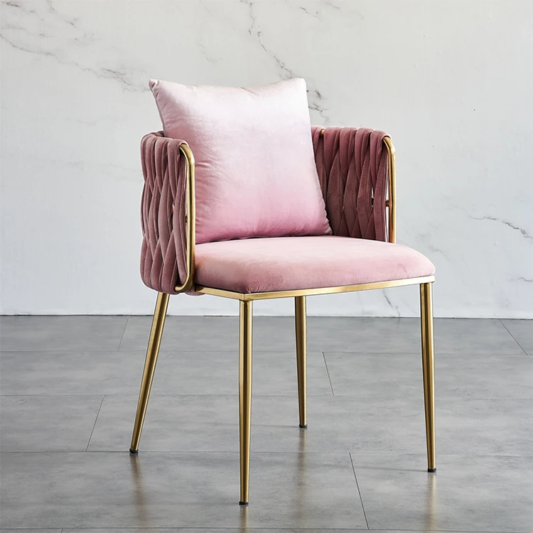 Gold Legs Arm Chair Cafe Restaurant Pink Velvet Weave Chairs with Cushion
