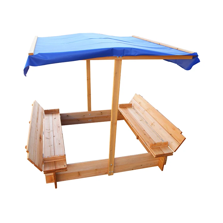 Factory customized design outdoor with awning 2 kids and 1 wooden sandbox  sandpit for children for sale