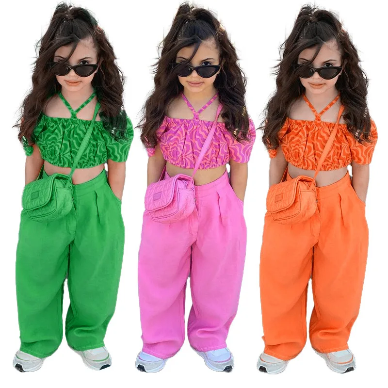 2023 New Arrivals Summer Girl Short Sleeve Ruffle Blouse Off Shoulder Solid Pants Outfit Kid Clothes Set