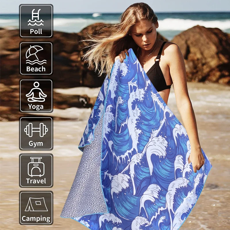 high quality ready to ship quick dry Suede Microfiber Two Side Printed recycled plastic sand free beach towel with matching bag