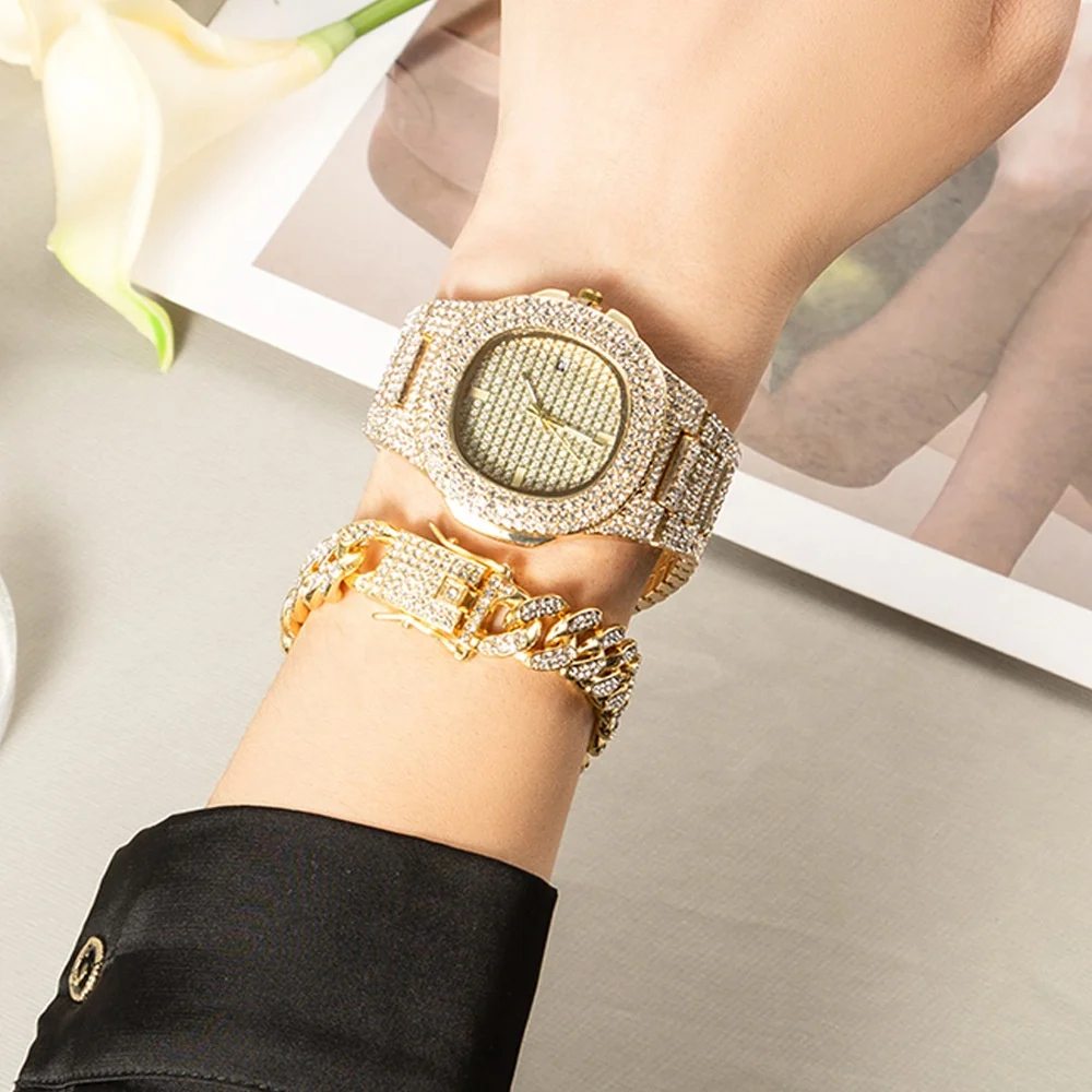 Luxury Bling Hip Hop Iced Out Diamond Watch Gift Set Cuba Chain Diamond Necklace Bracelet Men Watch Set