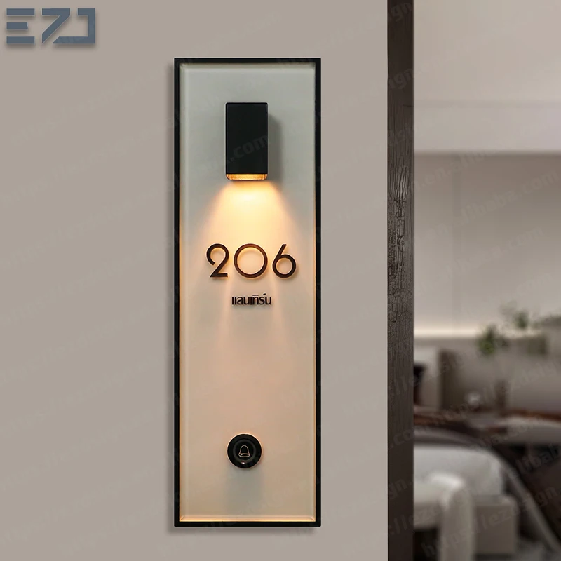 EZD Custom Clear Acrylic Walnut Wood Grain LED Light Luxury Hotel Room Number Door Sign with Doorbell