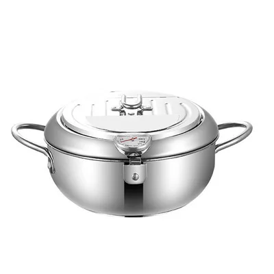 Japanese Deep Frying Pot with a Thermometer and a Lid 304 Stainless Steel Kitchen Tempura Fryer Pan 20 24 cm