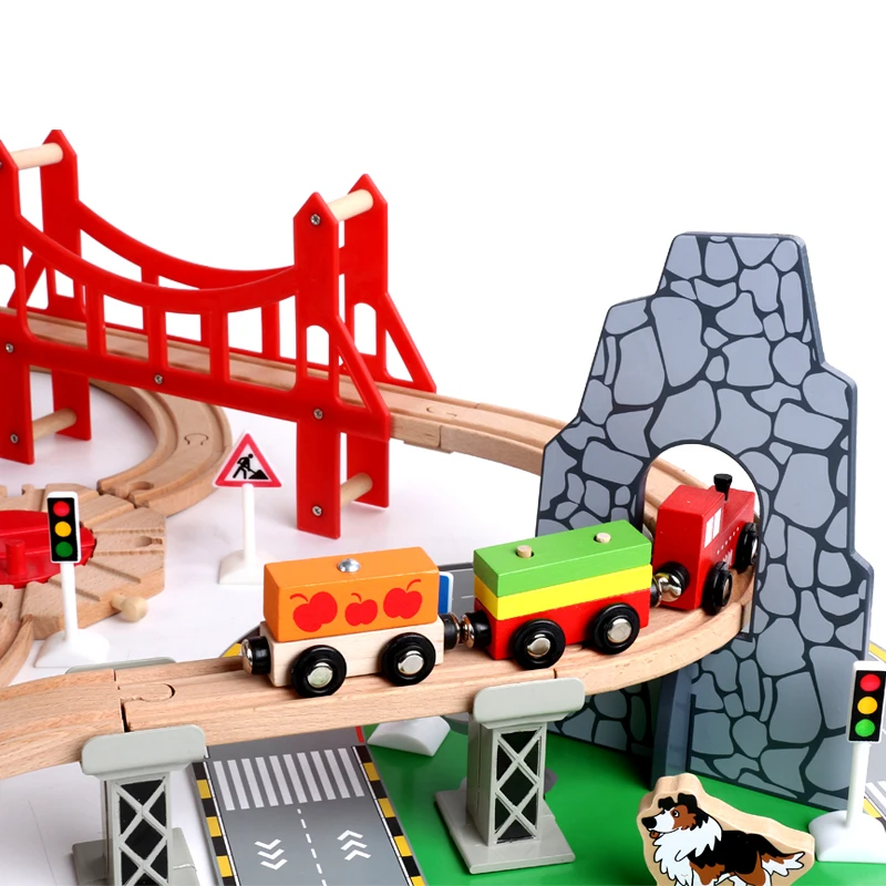 100 Pieces Wooden Puzzle DIY Building Block Toys Large Beech Train Track Set Toy juguetes de madera