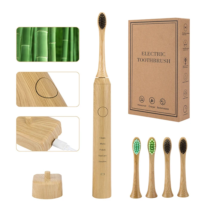 Bamboo Electric Toothbrush Sonic Toothbrush IPX7 Waterproof 2 Minute Timer with 2 Replaceable Bamboo Toothbrush Head