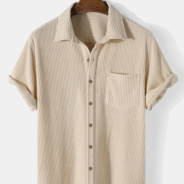 2022 Summer European and American Stripes White Pocket Decoration Lapel Short-sleeve Loose Casual Shirt Men