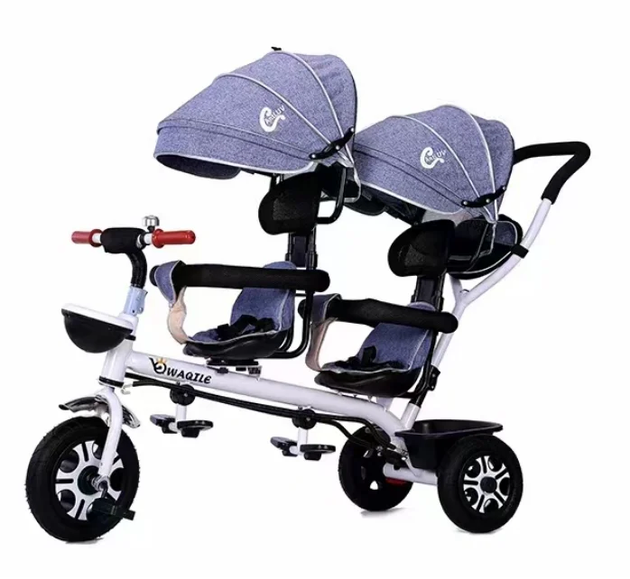 Three-wheeled twin stroller can be easily folded for two persons Portable three-wheeled stroller