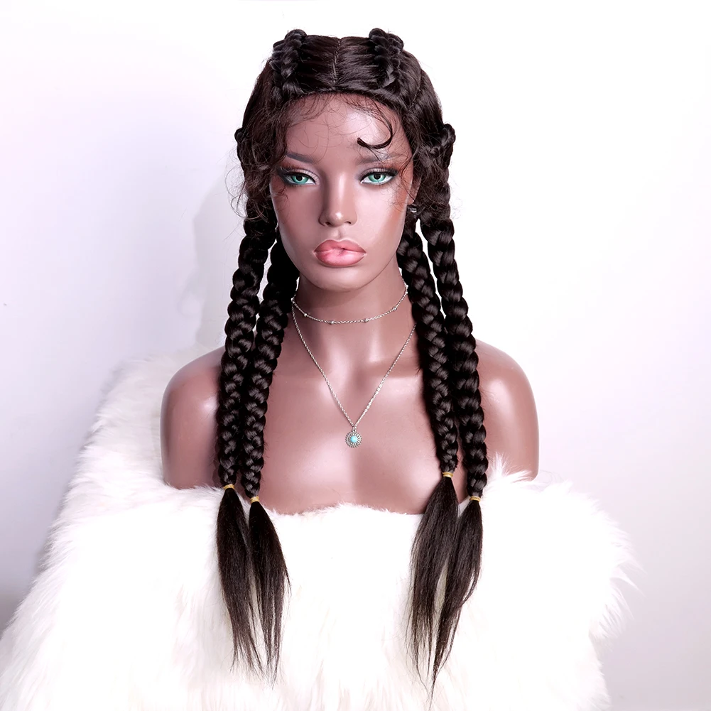 
Hot Sale Four Braids Lace Wig Natural Black Synthetic Lace Wig Long Soft High-quality Halloween Wig For Pretty Girl 